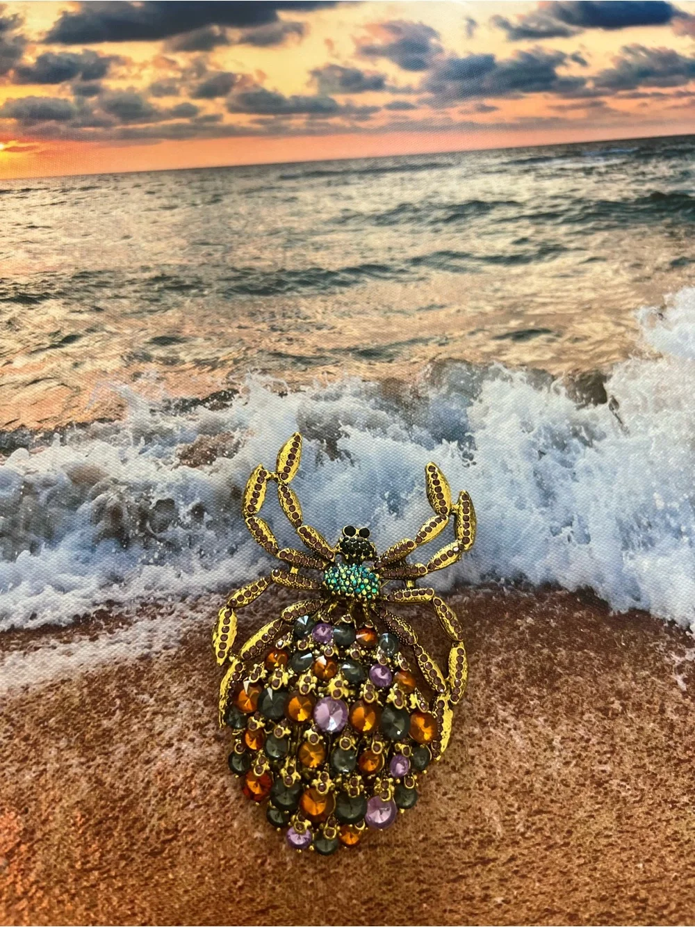 Gold-Tone Crystal Spider Brooch with Amber, Black and Purple Stones